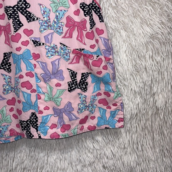 Dickies Scrub Top Women's Large Pink Bows Cotton Short Sleeve Nurse Medical - Picture 6 of 11